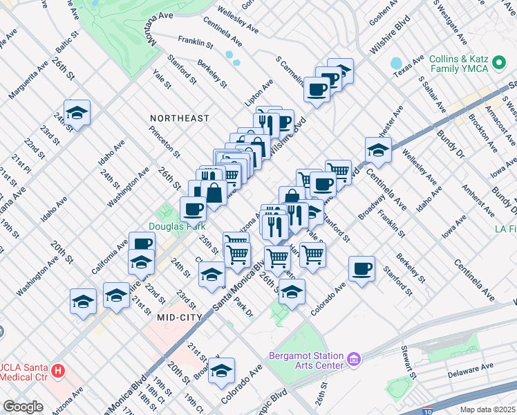 map of restaurants, bars, coffee shops, grocery stores, and more near 2803 Arizona Avenue in Santa Monica