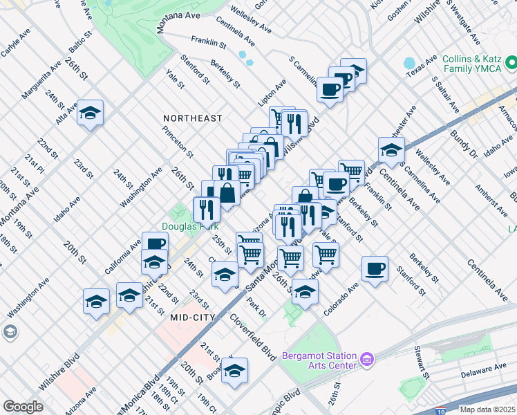 map of restaurants, bars, coffee shops, grocery stores, and more near 2803 Arizona Avenue in Santa Monica