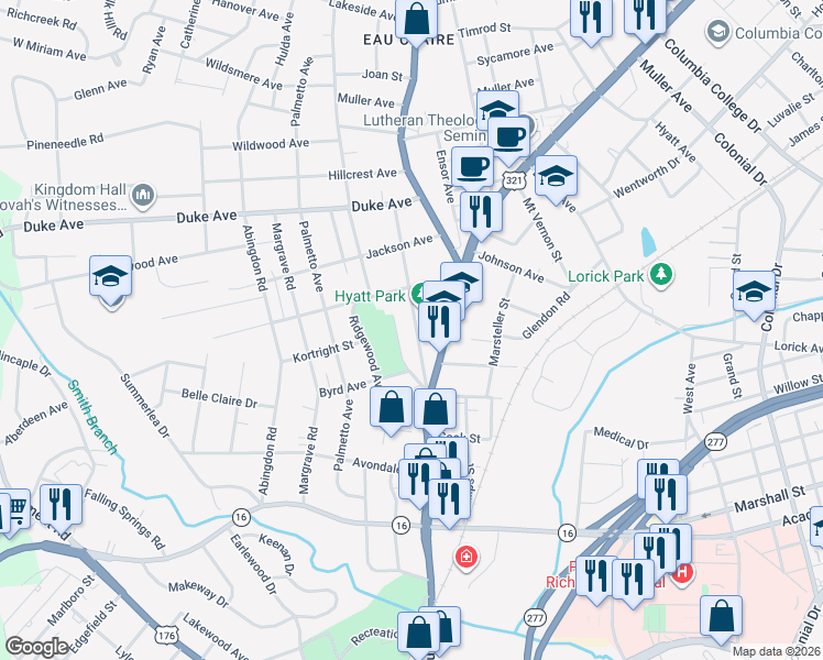 map of restaurants, bars, coffee shops, grocery stores, and more near 3712 Fern Avenue in Columbia