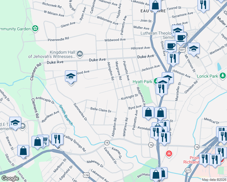 map of restaurants, bars, coffee shops, grocery stores, and more near 3830 Abingdon Road in Columbia