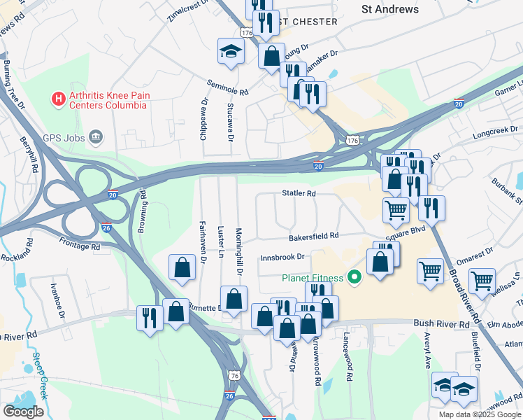 map of restaurants, bars, coffee shops, grocery stores, and more near 839 Statler Road in Columbia