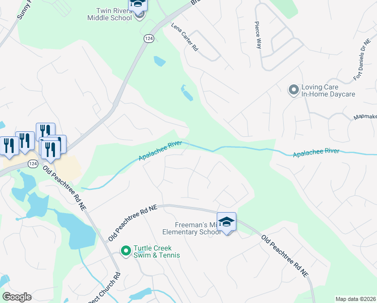 map of restaurants, bars, coffee shops, grocery stores, and more near 2182 Paces Vale Place in Lawrenceville