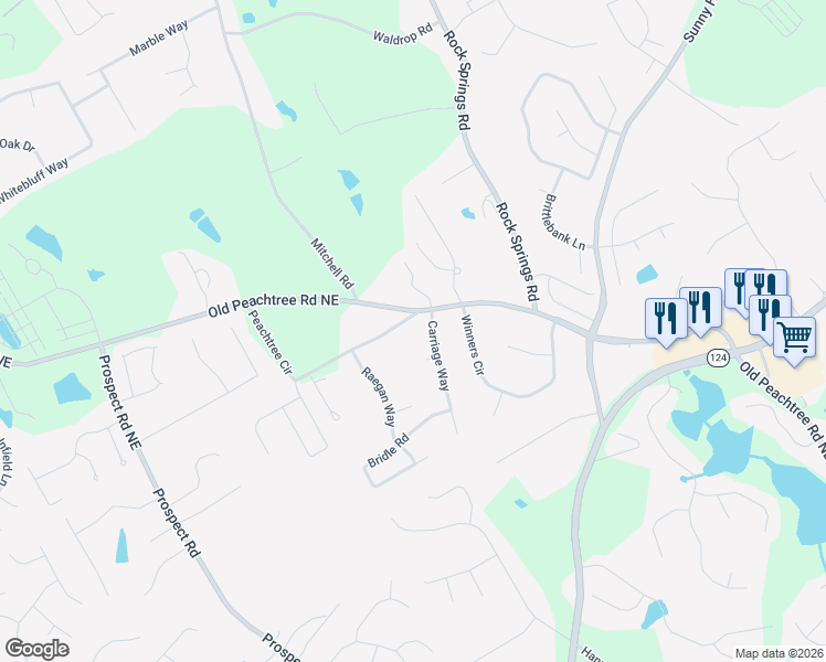map of restaurants, bars, coffee shops, grocery stores, and more near 1645 Peachtree Circle in Lawrenceville