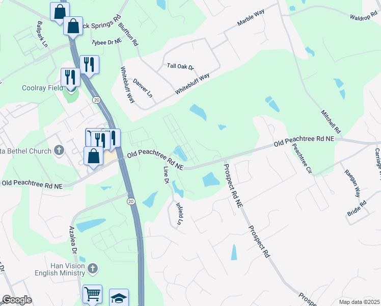 map of restaurants, bars, coffee shops, grocery stores, and more near 2240 Whistler Way Northeast in Lawrenceville