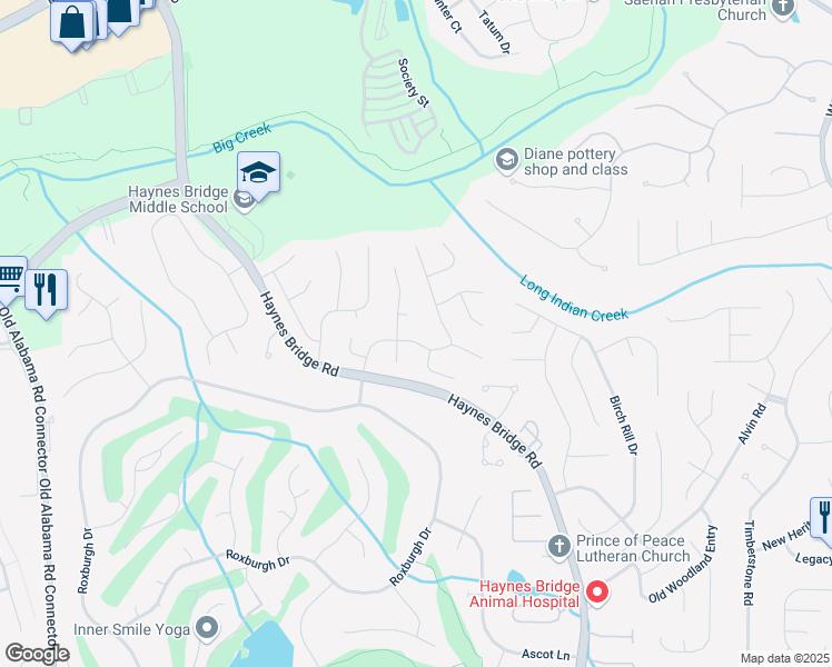 map of restaurants, bars, coffee shops, grocery stores, and more near 790 Thornberry Drive in Alpharetta