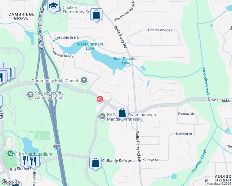 map of restaurants, bars, coffee shops, grocery stores, and more near 3457 Fairview Court in Kennesaw