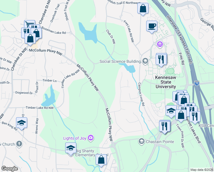 map of restaurants, bars, coffee shops, grocery stores, and more near 3189 Country Club Court Northwest in Kennesaw