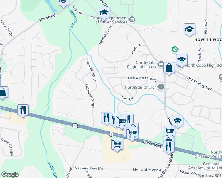 map of restaurants, bars, coffee shops, grocery stores, and more near 3372 Palm Circle in Kennesaw