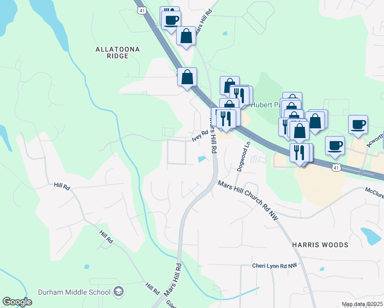 map of restaurants, bars, coffee shops, grocery stores, and more near 3364 Joseph Drive in Acworth