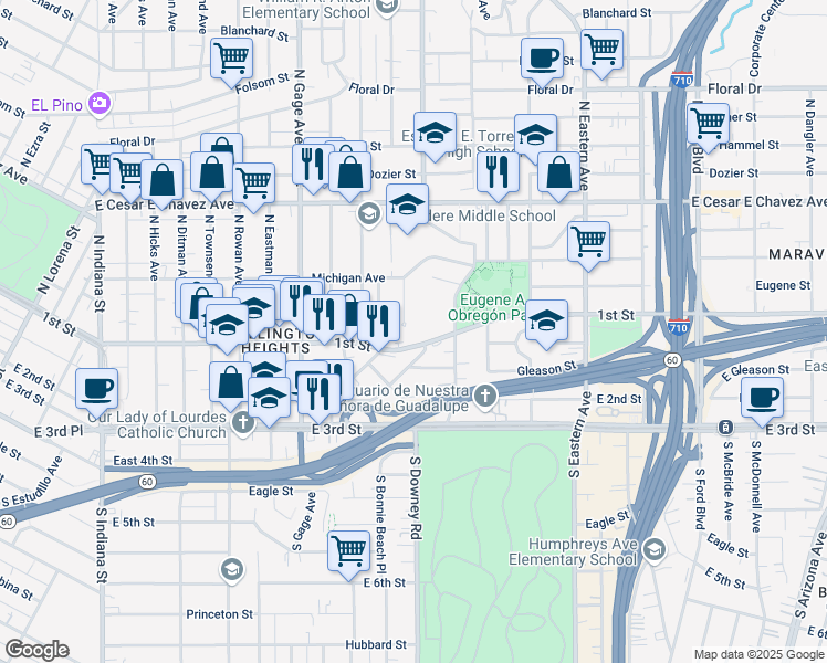 map of restaurants, bars, coffee shops, grocery stores, and more near 120 North Bonnie Beach Place in Los Angeles