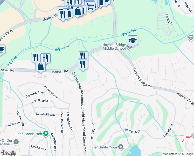 map of restaurants, bars, coffee shops, grocery stores, and more near 10540 Roxburgh Lane in Roswell