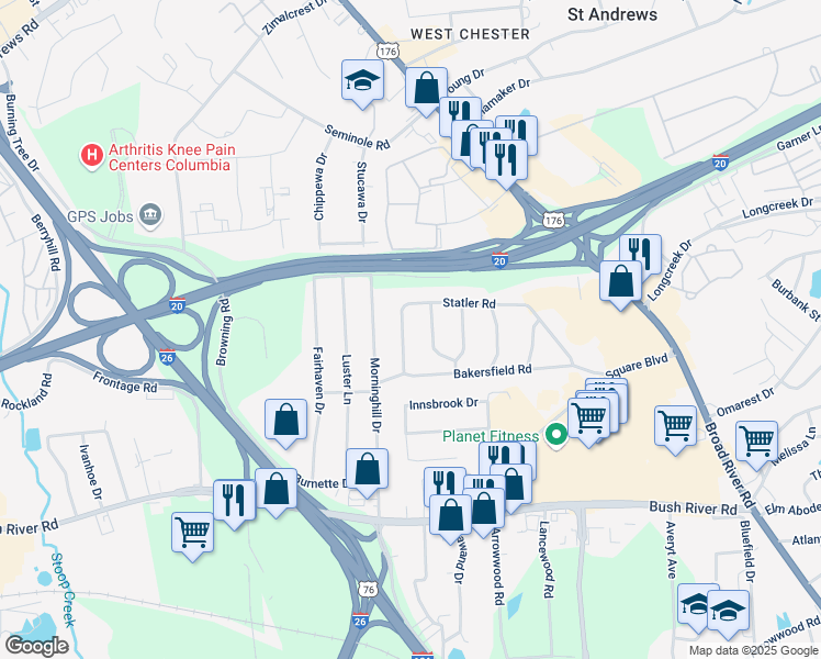 map of restaurants, bars, coffee shops, grocery stores, and more near 839 Statler Road in Columbia