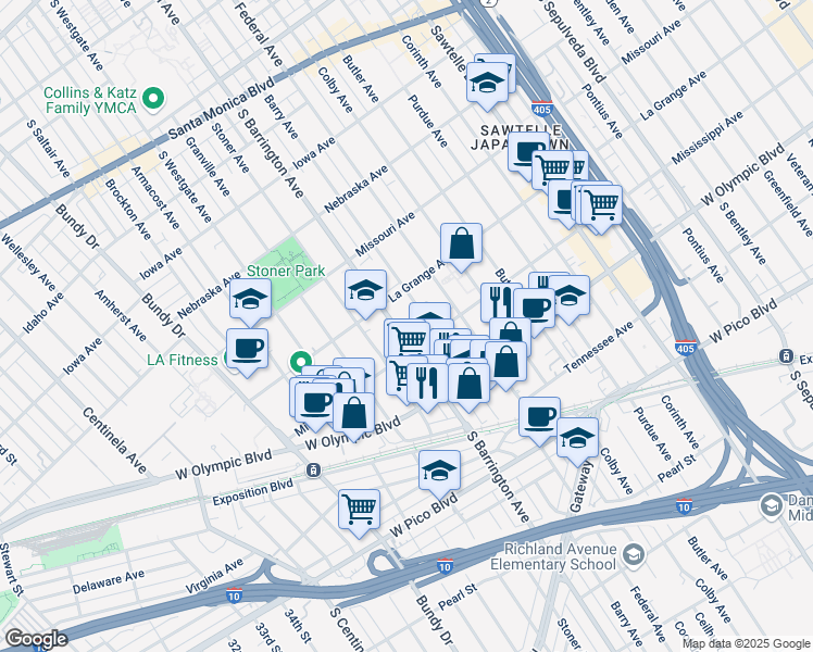 map of restaurants, bars, coffee shops, grocery stores, and more near 2032 South Barrington Avenue in Los Angeles
