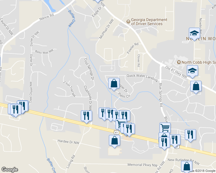 map of restaurants, bars, coffee shops, grocery stores, and more near 3372 Palm Circle in Kennesaw