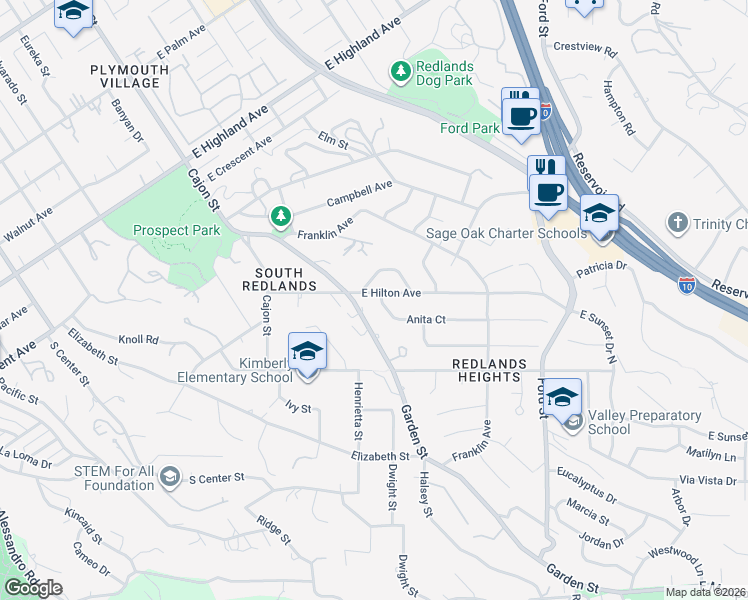 map of restaurants, bars, coffee shops, grocery stores, and more near 104 East Hilton Avenue in Redlands