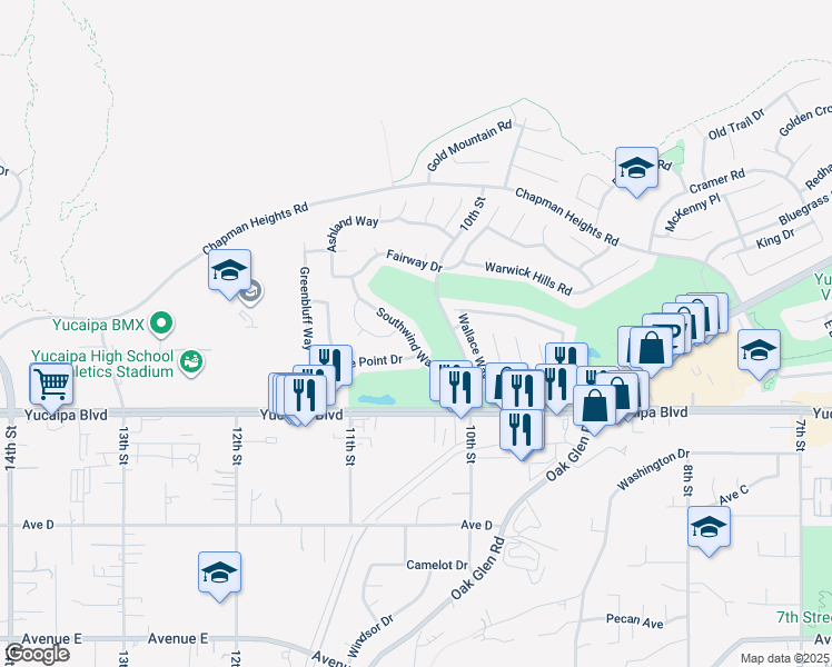 map of restaurants, bars, coffee shops, grocery stores, and more near 11967 Southwind Way in Yucaipa