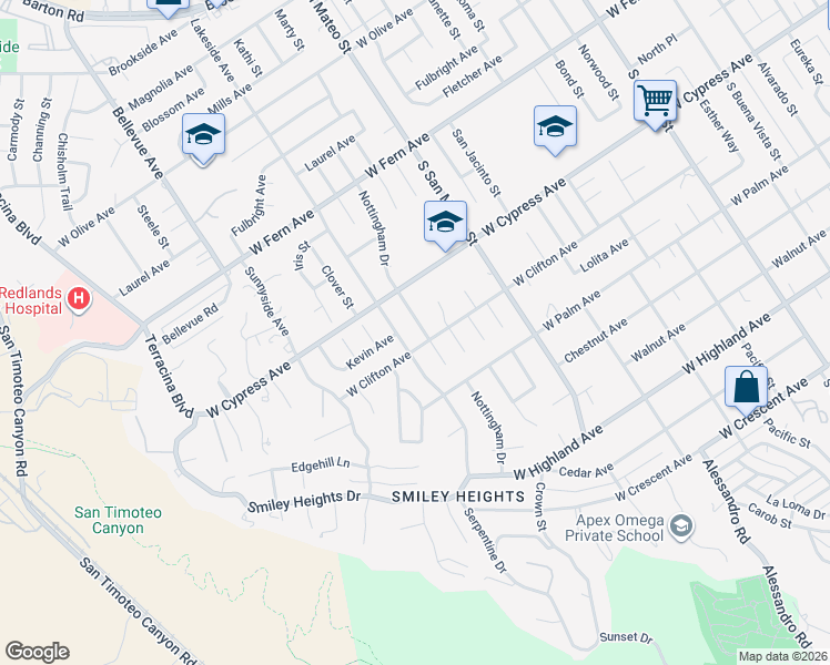 map of restaurants, bars, coffee shops, grocery stores, and more near 624 Nottingham Drive in Redlands