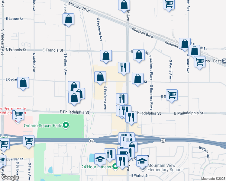 map of restaurants, bars, coffee shops, grocery stores, and more near 2151 South Proforma Avenue in Ontario