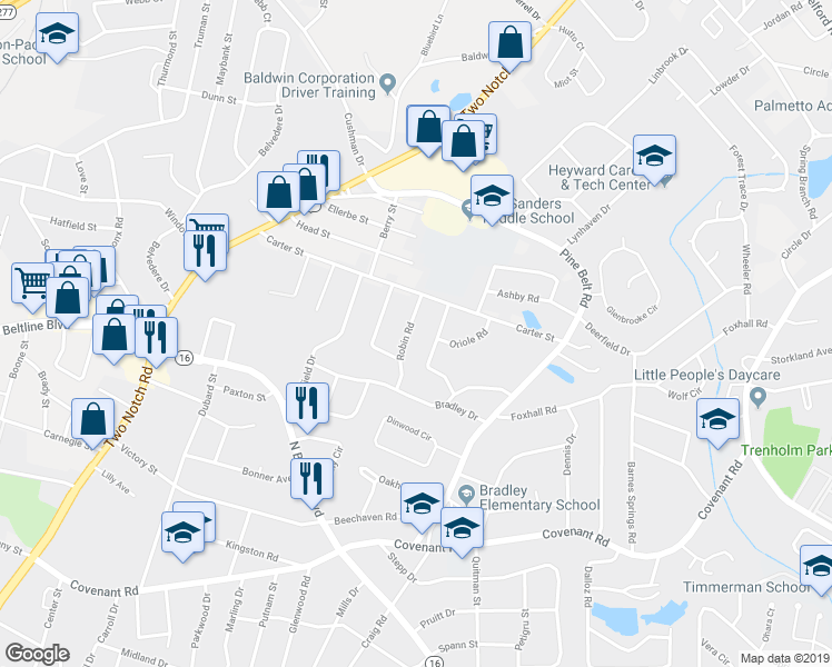 map of restaurants, bars, coffee shops, grocery stores, and more near 2032 Robin Road in Columbia