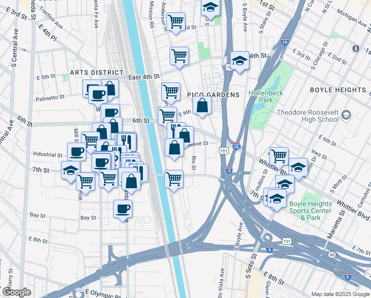 map of restaurants, bars, coffee shops, grocery stores, and more near 2222-2228 Jesse Street in Los Angeles