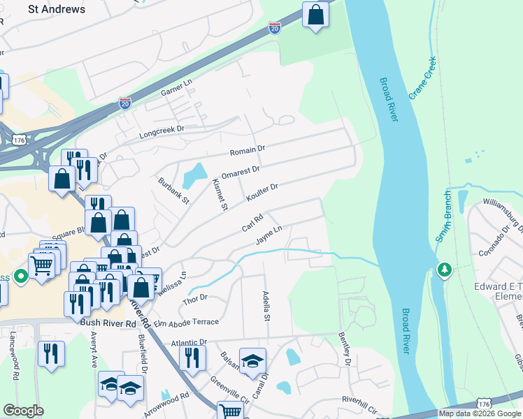 map of restaurants, bars, coffee shops, grocery stores, and more near 1706 Carl Road in Columbia