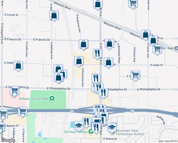 map of restaurants, bars, coffee shops, grocery stores, and more near 2151 South Proforma Avenue in Ontario