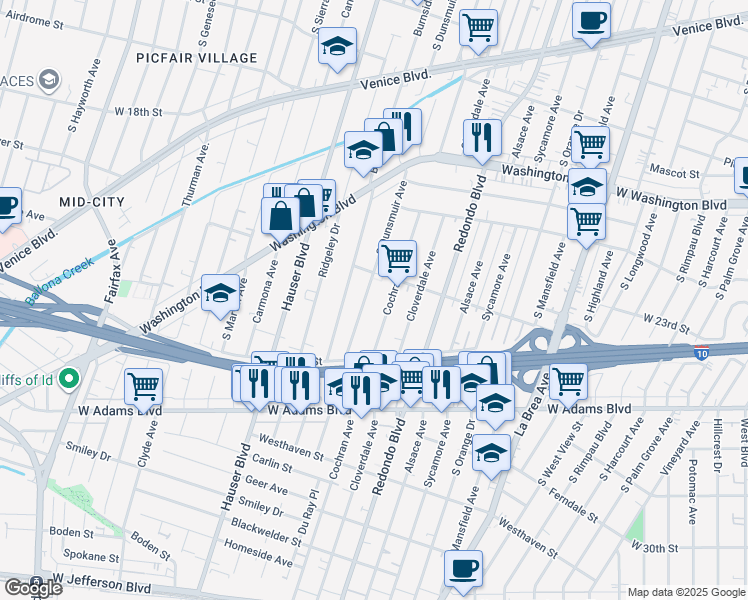 map of restaurants, bars, coffee shops, grocery stores, and more near 2326 South Dunsmuir Avenue in Los Angeles