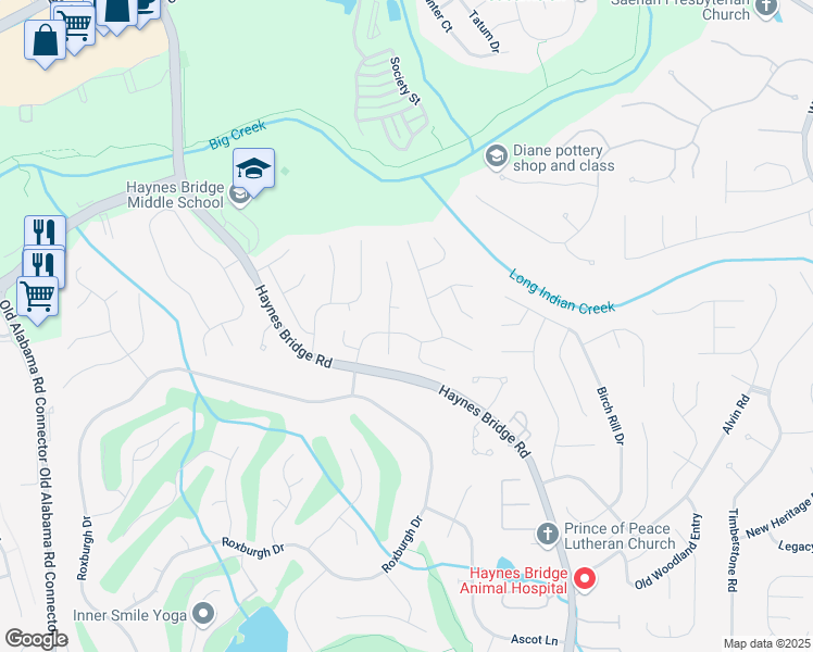 map of restaurants, bars, coffee shops, grocery stores, and more near 790 Thornberry Drive in Alpharetta