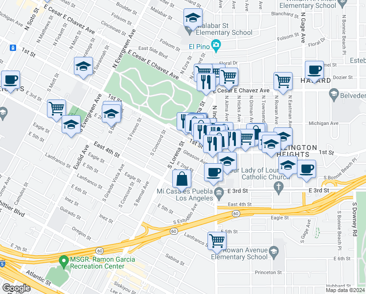 map of restaurants, bars, coffee shops, grocery stores, and more near 122 South Lorena Street in Los Angeles