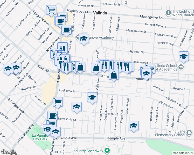 map of restaurants, bars, coffee shops, grocery stores, and more near 15666 Amar Road in La Puente