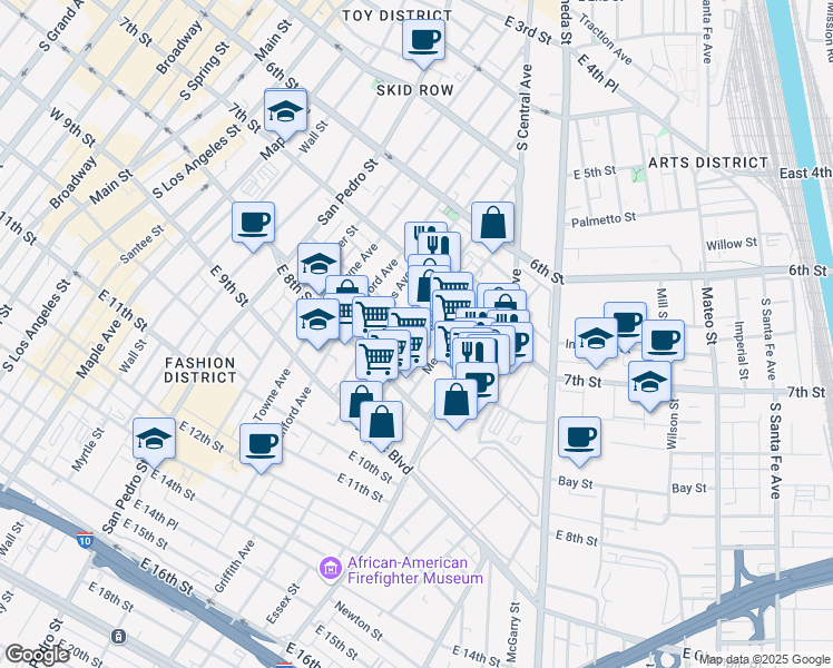 map of restaurants, bars, coffee shops, grocery stores, and more near 739 Kohler Street in Los Angeles