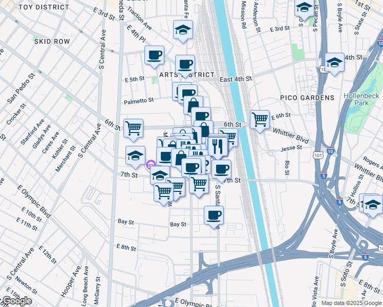 map of restaurants, bars, coffee shops, grocery stores, and more near 652 Mateo Street in Los Angeles