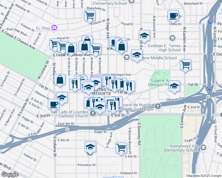 map of restaurants, bars, coffee shops, grocery stores, and more near 112 North Gage Avenue in Los Angeles