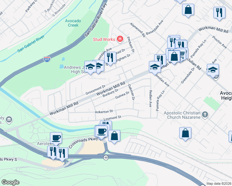 map of restaurants, bars, coffee shops, grocery stores, and more near 1060 Bunbury Drive in Whittier