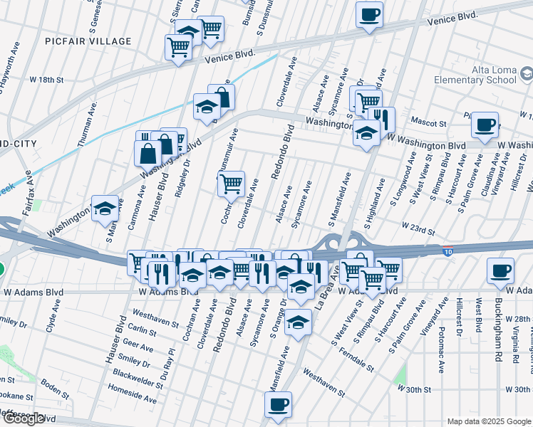 map of restaurants, bars, coffee shops, grocery stores, and more near 5176 Bangor Street in Los Angeles