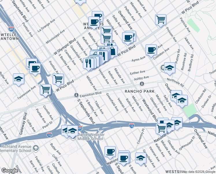 map of restaurants, bars, coffee shops, grocery stores, and more near 10967 Exposition Boulevard in Los Angeles