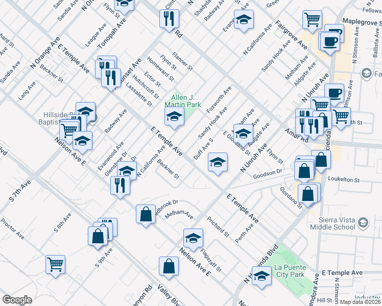 map of restaurants, bars, coffee shops, grocery stores, and more near 608 Sandy Hook Ave in La Puente