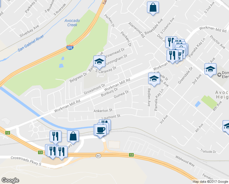map of restaurants, bars, coffee shops, grocery stores, and more near 1060 Bunbury Drive in Whittier