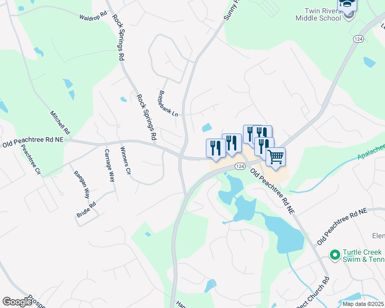 map of restaurants, bars, coffee shops, grocery stores, and more near 1826 Old Peachtree Road Northeast in Lawrenceville