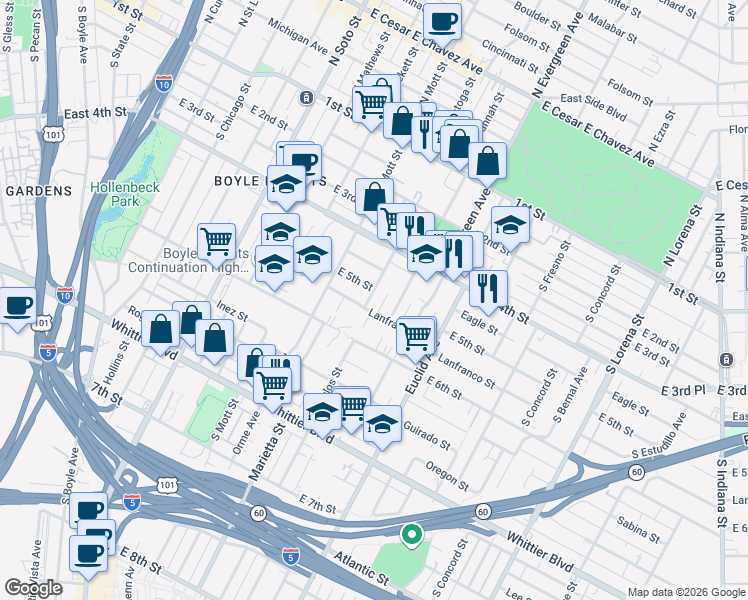 map of restaurants, bars, coffee shops, grocery stores, and more near 466 Camulos Street in Los Angeles
