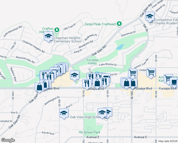 map of restaurants, bars, coffee shops, grocery stores, and more near 11952 East Lake Drive in Yucaipa