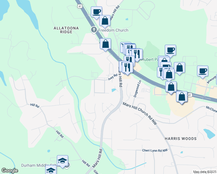 map of restaurants, bars, coffee shops, grocery stores, and more near 3368 Joseph Drive in Acworth