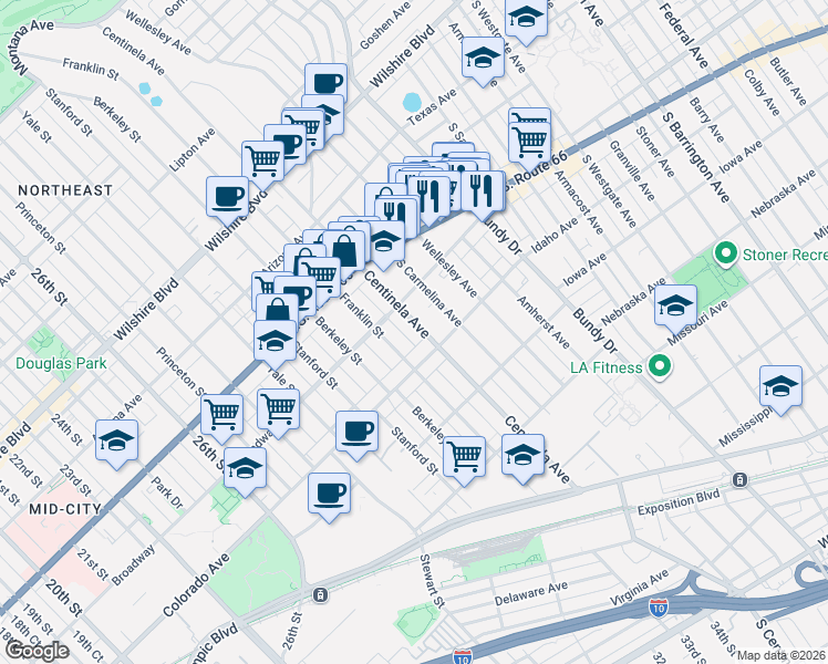 map of restaurants, bars, coffee shops, grocery stores, and more near 1535 Centinela Avenue in Los Angeles