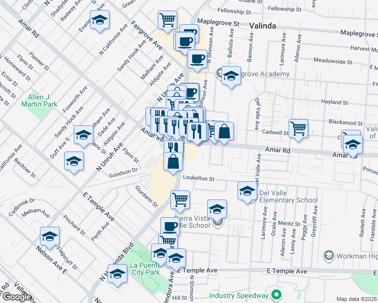 map of restaurants, bars, coffee shops, grocery stores, and more near in La Puente