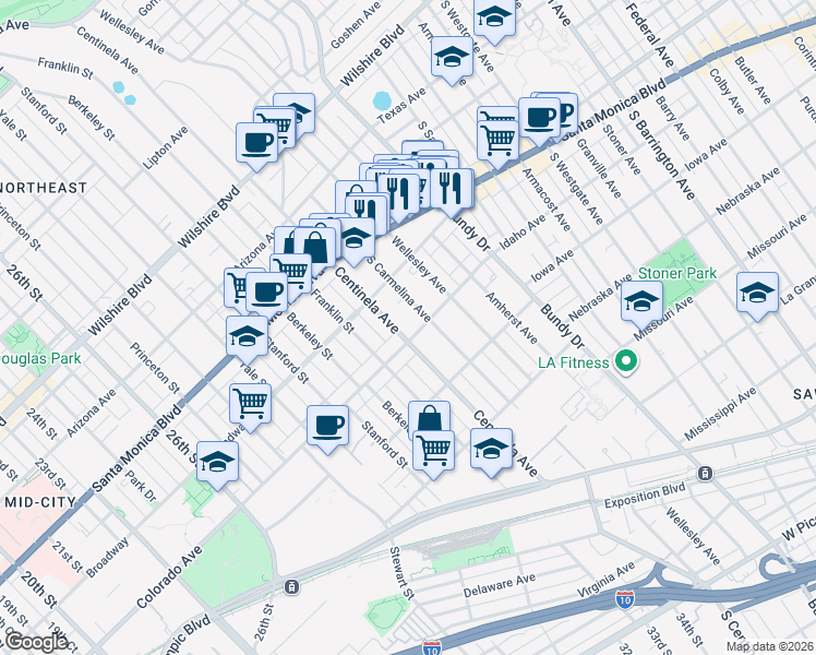 map of restaurants, bars, coffee shops, grocery stores, and more near 12405 Idaho Avenue in Los Angeles