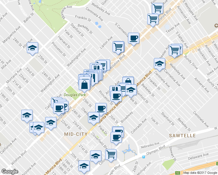 map of restaurants, bars, coffee shops, grocery stores, and more near 2803 Arizona Avenue in Santa Monica