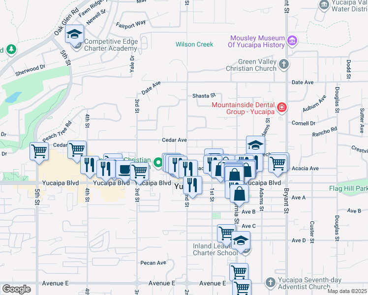 map of restaurants, bars, coffee shops, grocery stores, and more near 11960 2nd Street in Yucaipa