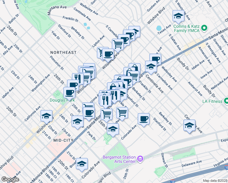 map of restaurants, bars, coffee shops, grocery stores, and more near 1333 Yale Street in Santa Monica