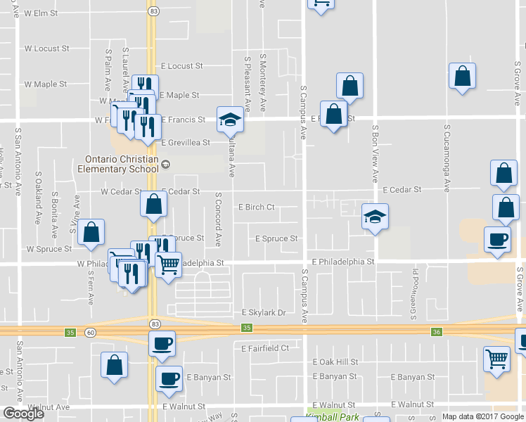 map of restaurants, bars, coffee shops, grocery stores, and more near 554 East Birch Court in Ontario