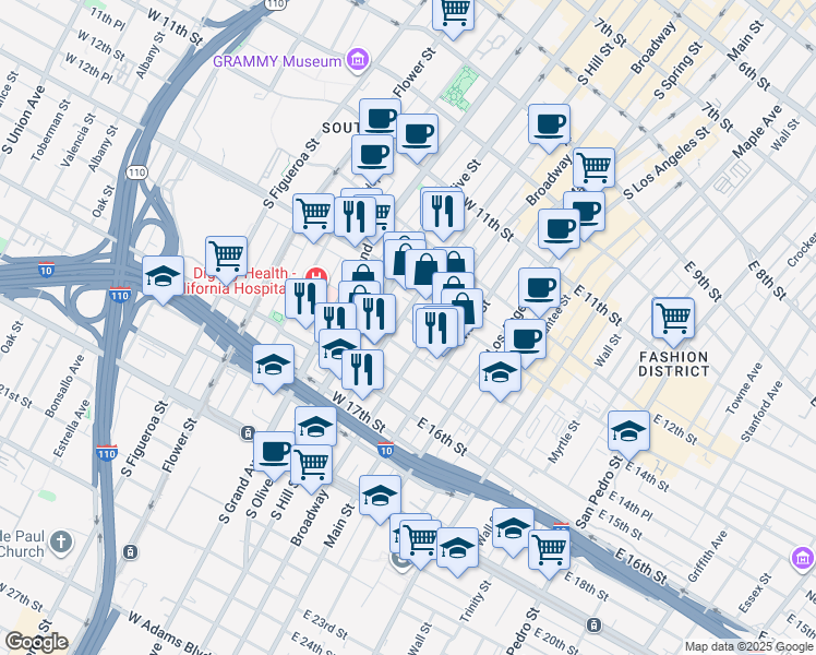 map of restaurants, bars, coffee shops, grocery stores, and more near 1340 South Hill Street in Los Angeles